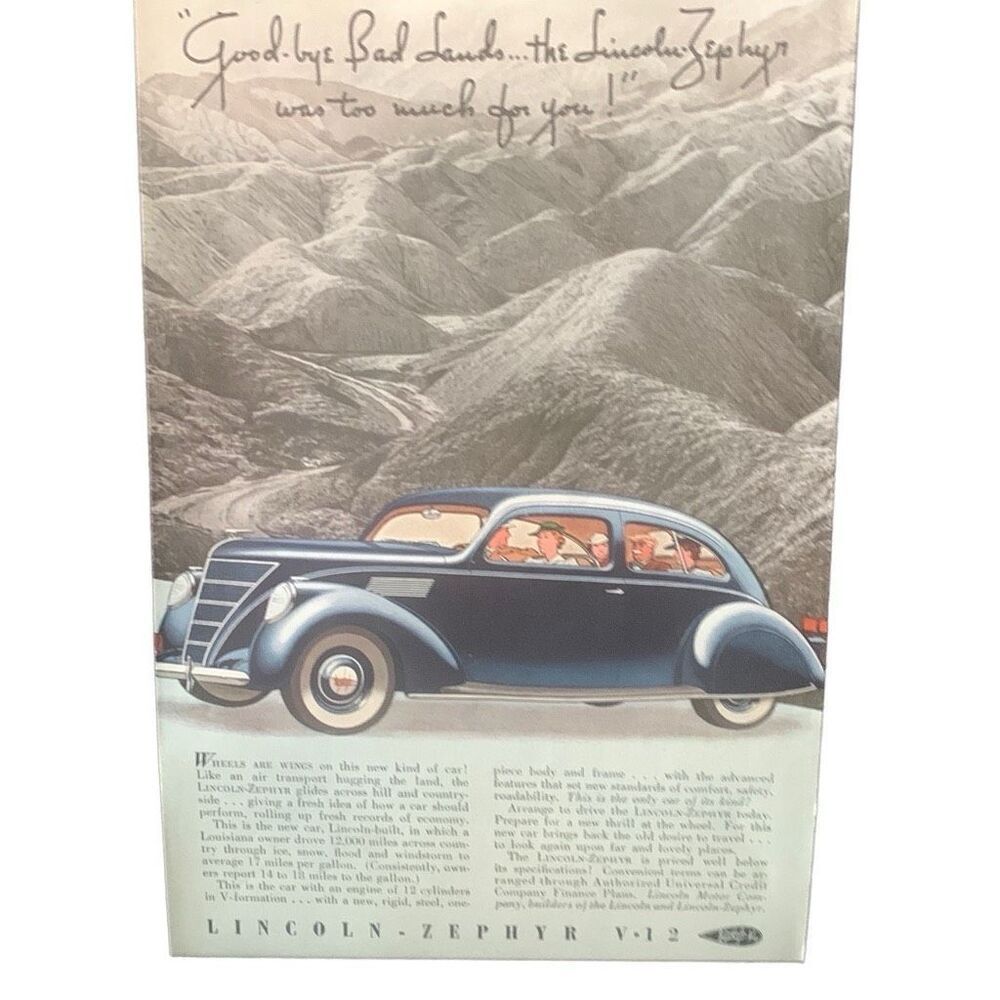 Vintage 1937 Lincoln Zephyr V-12 Bye Bad Lands Ad Advertisement